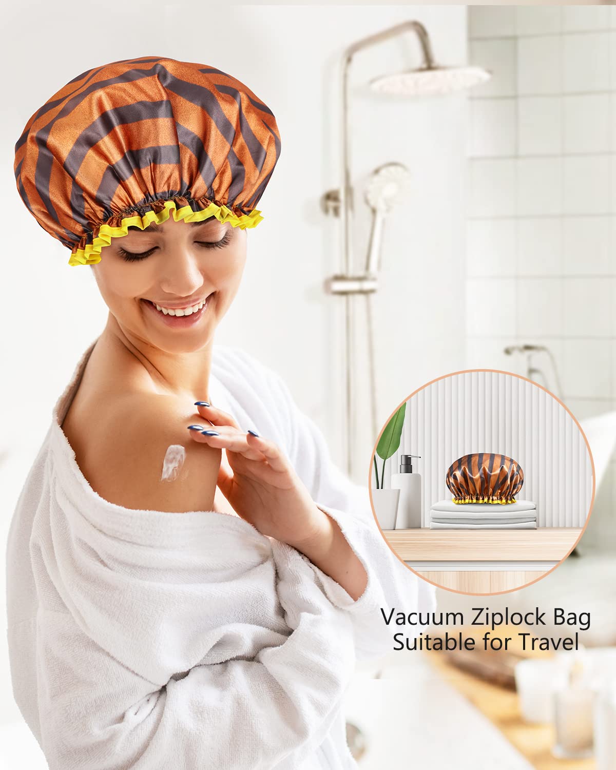 mikimini Large Shower Cap for Men and Women, 2 Pack Oversized Waterproof Shower Cap, Reusable, Washable, Golden Stripes Fashionable Shower Caps X-Large Pack of 2 Stripe