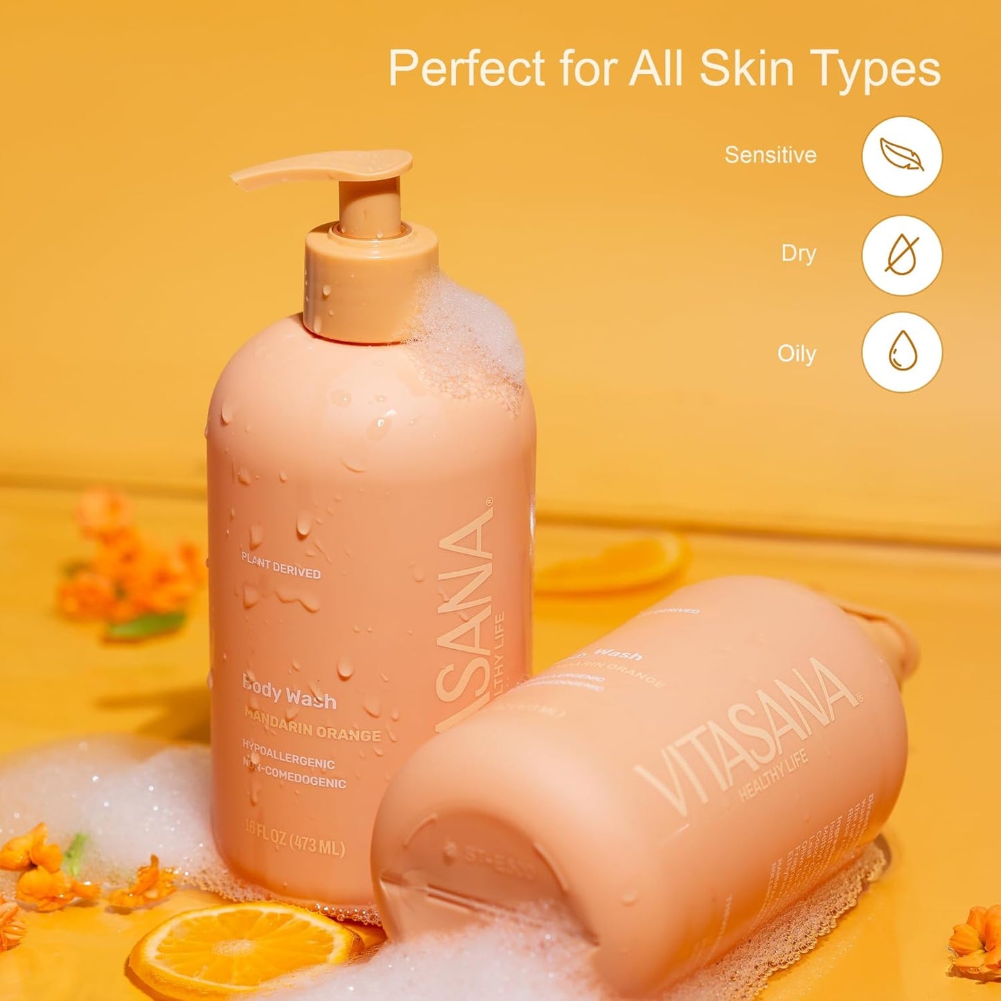 Natural Body Wash for Sensitive Skin, 16 oz – Mandarin Orange Scent, 98.9% Plant‑Derived, EWG Verified, Hypoallergenic, Paraben‑Free, Sulfate‑Free, Cruelty‑Free