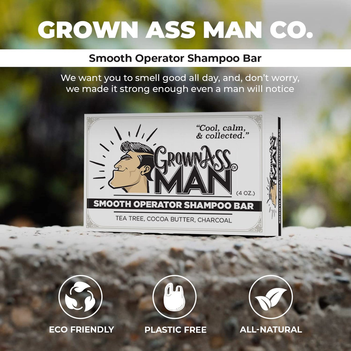 Grown Ass Man Co. - Solid Shampoo Bar Rich Lather 3 in 1: Hair, Beard & Body Wash - Plastic Free & Eco-Friendly, Natural & Organic Clean for All Hair Types, 4oz Bar (Smooth Operator, 6-Pack)