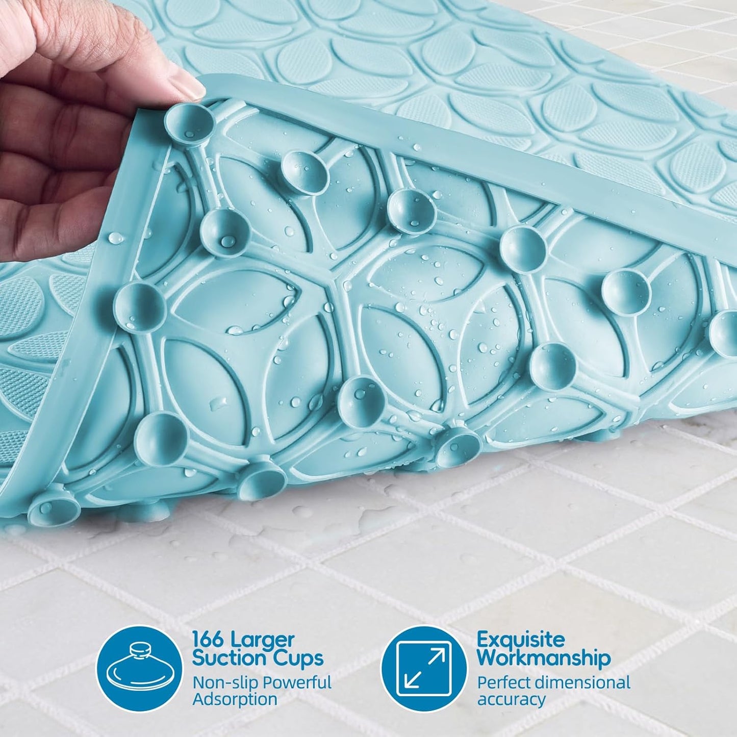 WRISIN Bathtub Mat Non Slip with Suction Cups - 100% Rubber Bathroom Mat Textured for Bath Tub Shower Safety - Soft on Touch - BPA/PVC Free - Pet Dog Bath Mat - Machine Washable - 16 × 28 Inch（Blue）