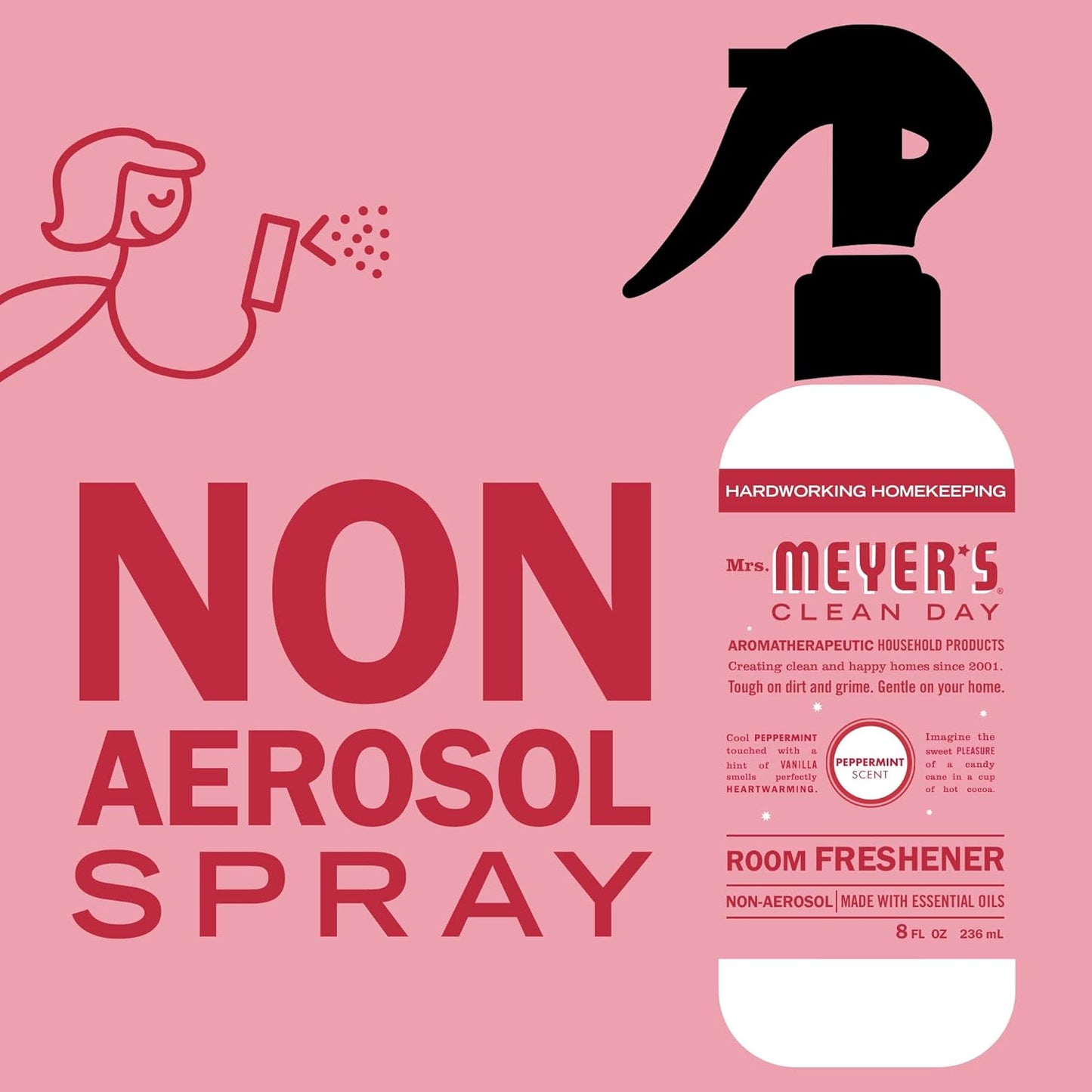 MRS. MEYER'S CLEAN DAY Room and Air Freshener Spray, Non-Aerosol Spray Bottle Infused with Essential Oils, Peppermint, 8 fl. oz