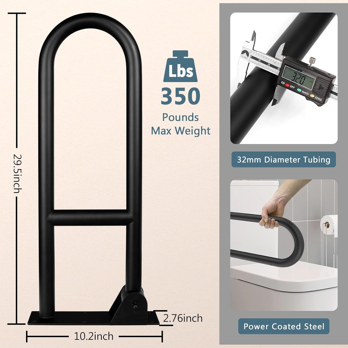29.5 INCH Stainless Toilet Safety Rails, Matte Black Handicap Grab Bars for Elderly, Disabled Flip-Up Bathroom Grab Bar, Toilet Handrails Hand Grips Handle Shower Assist Aid Black