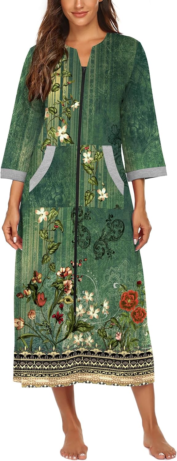 Ekouaer Women Zipper Robe 3/4 Sleeves Loungewear Dress Full Length Sleepwear Pockets Housecoat Nightgown Long Bathrobe