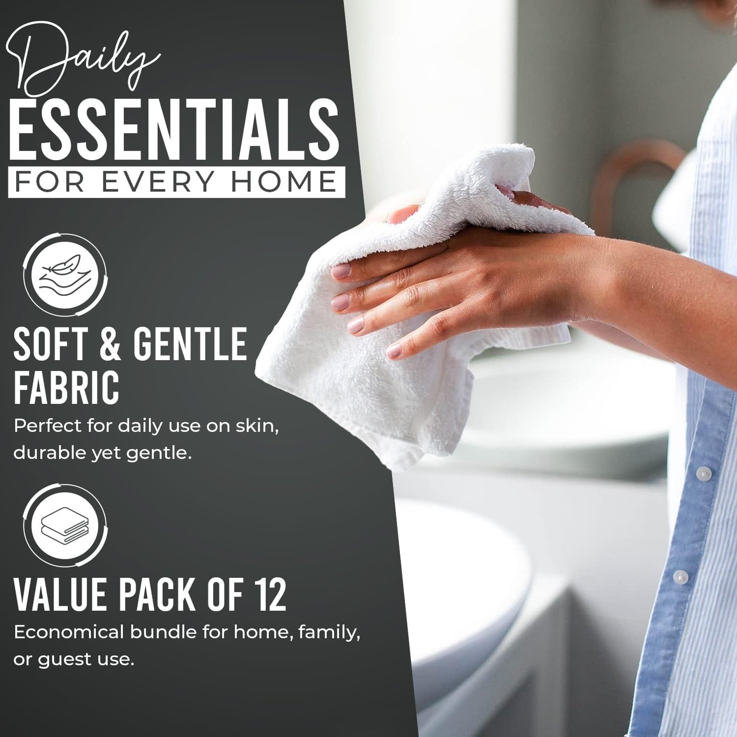 DAN RIVER 100% Cotton Wash Cloths 12 Pack [12x12] Soft & Absorbent face Towels for Bathroom, Gym, Hotels & Spa Perfect for Everyday Use Fingertip Towels, Gray