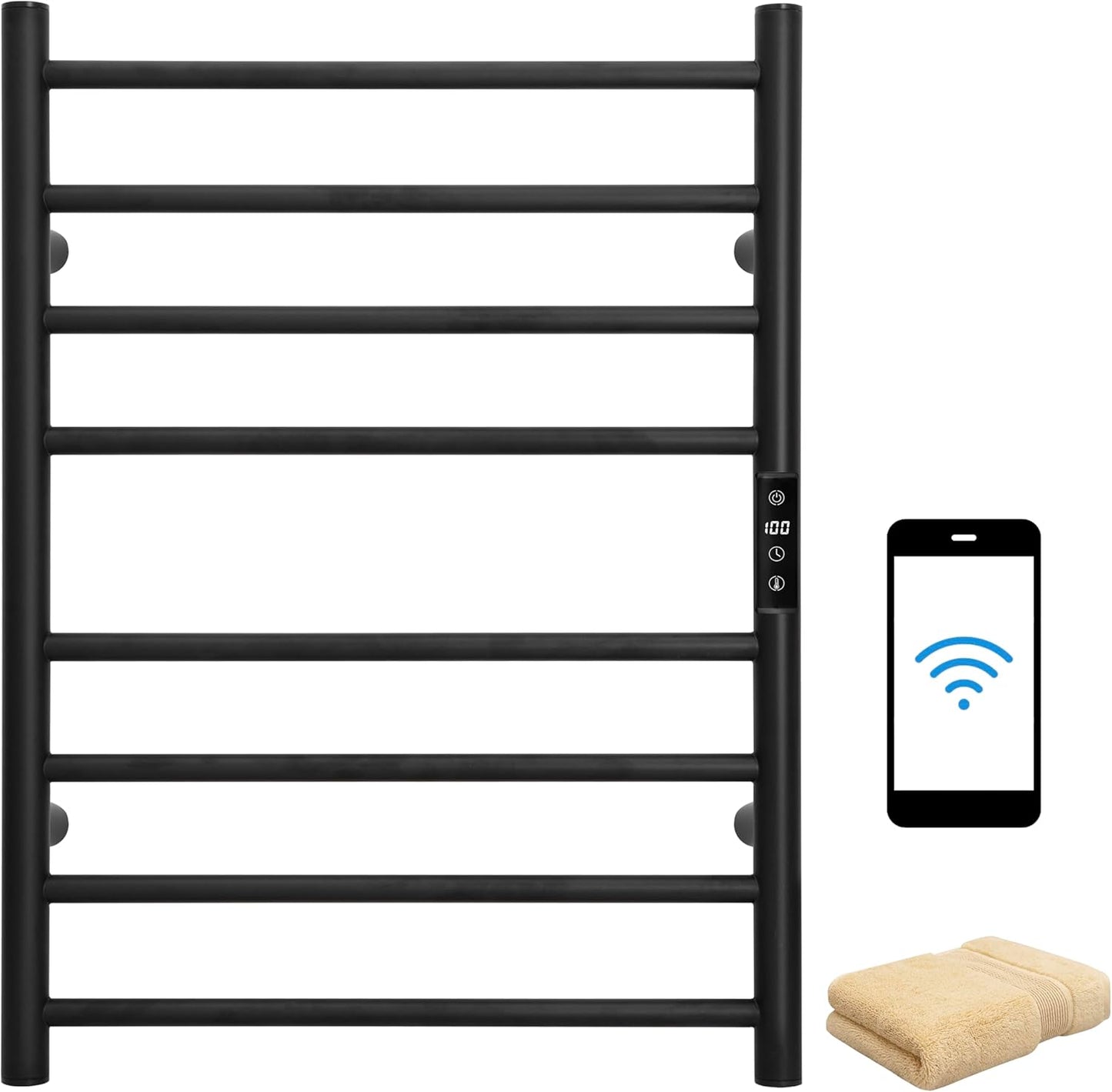 KEG Smart WiFi Towel Warmer Wall Mounted with Built-in Timer and Temperature Adjust Control, 8 Bars Electric Stainless Steel Heated Towel Racks for Bathroom Black