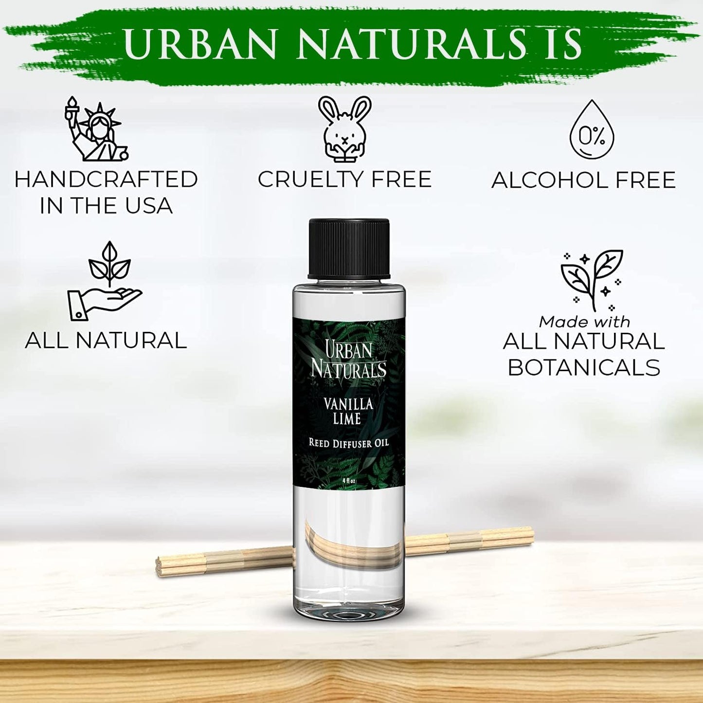 Urban Naturals Reed Diffuser Oil Refill, Vanilla Lime Citrus Essential Oils with Cane Sugar, Lime, Vanilla, 4 oz + Free Reed Sticks, Made in The USA