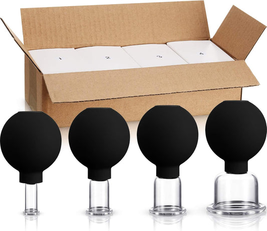 4 Pieces Glass Cupping Set Glass Silicone Cupping Cups Massage Vacuum Suction Cupping Cups for Body Face Leg Arm Back Shoulder Muscle and Joint Pain (Black)