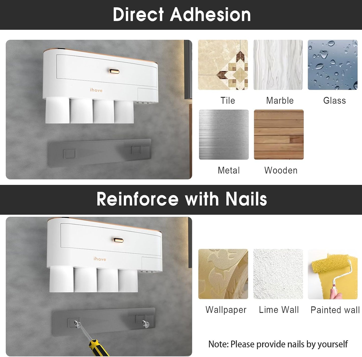 iHave Toothbrush Holders for Bathrooms, 4 Cups Toothbrush Holder Wall Mounted with Large Capacity Drawer and Tray - Bathroom Storage & Bathroom Organizer