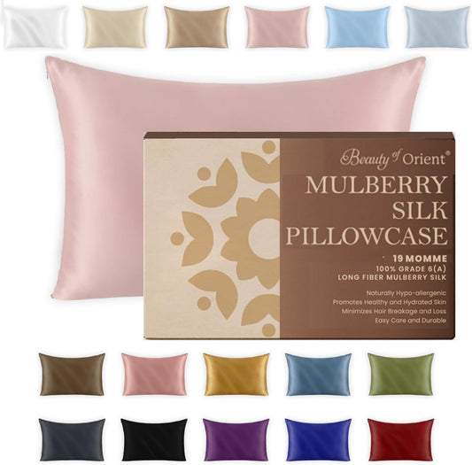 19 Momme Premium Mulberry Pink Silk Pillowcase for Hair and Skin | Handcrafted Hypoallergenic & Anti-Acne 100% Silk Pillow Cases with Zipper | Standard - 20" x 26", Rose Water
