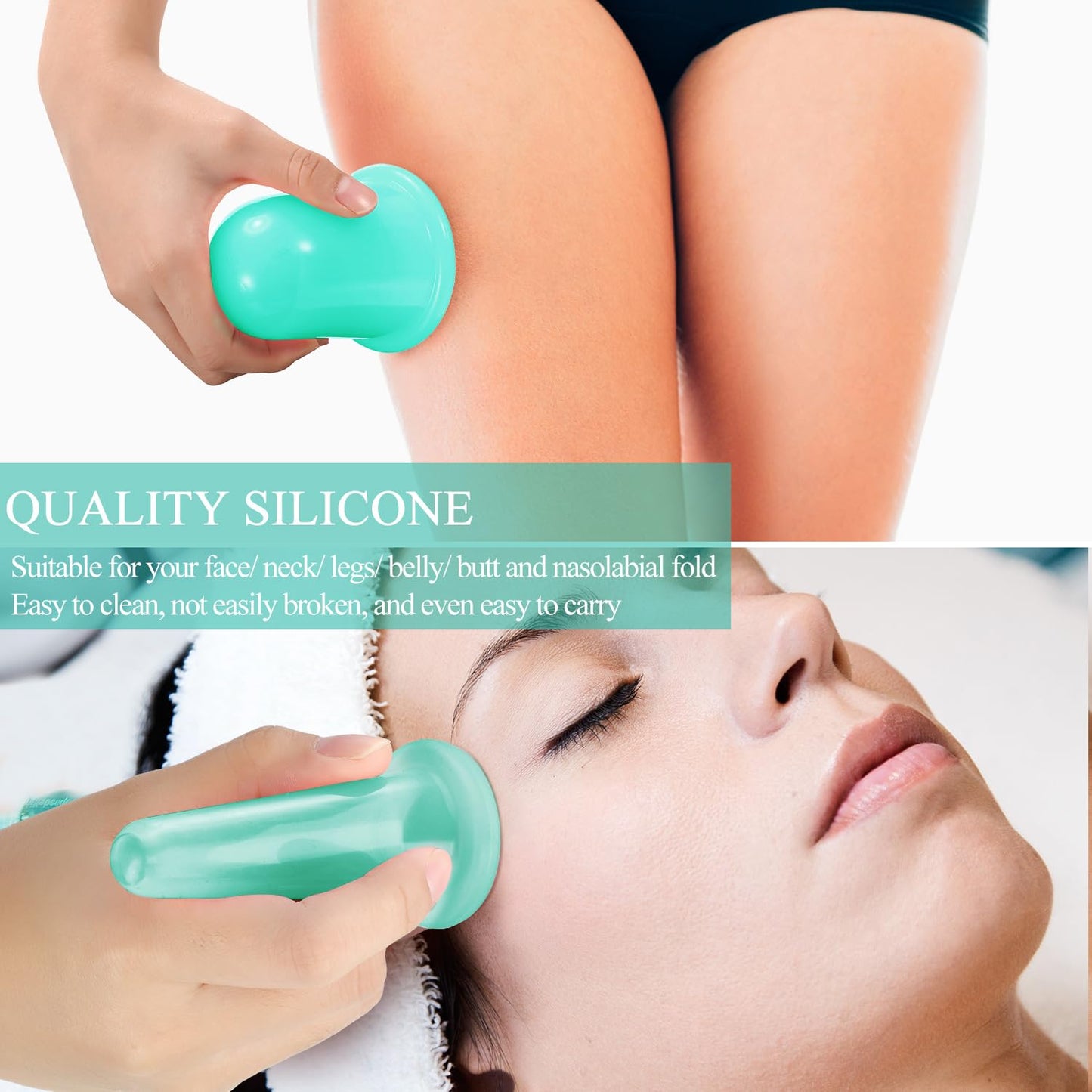 BBTO Silicone Facial Cupping Set, Vacuum Massage Cup Kit for Body, Face, Neck, Back, and Eye, 6 Cups and Exfoliating Brush (Mint Green)