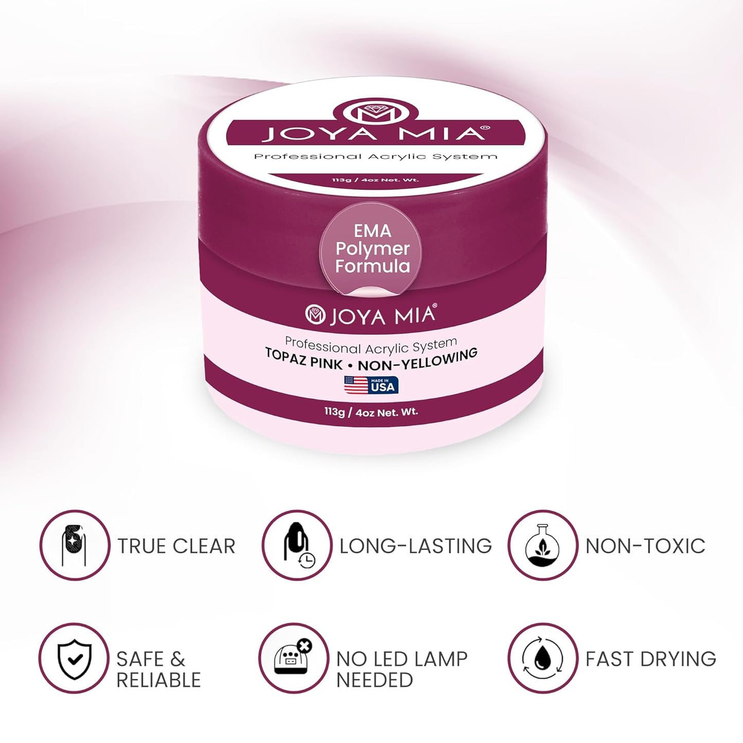 Joya Mia Acrylic Powder for Nails, MMA-Free, Super Adhesion Professional Powder for Flawless & Long-Lasting Nail Enhancements, Easy Application, Vibrant & Stunning Colors - Topaz Pink, 4 oz