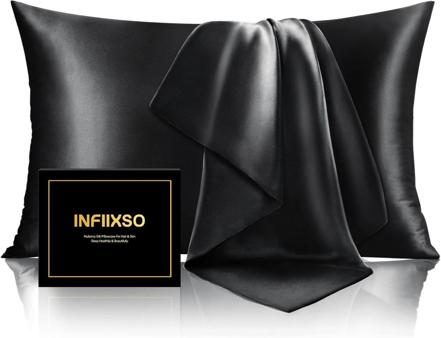 INFIIXSO Mulberry Silk Pillow Cases King Size Set of 2, Silk Pillowcase with Hidden Zipper 20"x36", Extraordinary Smooth and Soft Pillow Case for Hair and Skin(Black, 2 Pack)