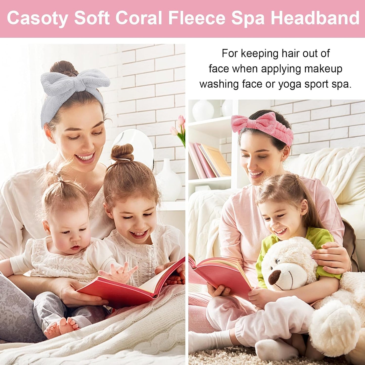 Casoty 6 Pcs Skincare Spa Headband Make Up Headbands, Bow Hair Band, Soft Coral Fleece Facial Headbands for Washing Face, Towel Head Band for Face Washing Shower Skin Care Yoga