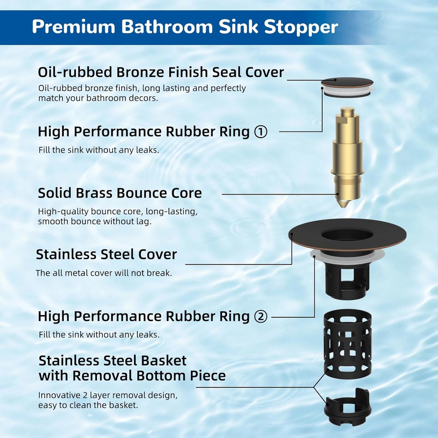Hibbent 2 Pack 3 in 1 Bathroom Sink Drain Strainer, Pop Up Stopper with Removable Stainless Steel Filter Basket Hair Catcher, Sink Plug for 1.1''~2.36'' Basin, Brass Bullet Core, Oil Rubbed Bronze