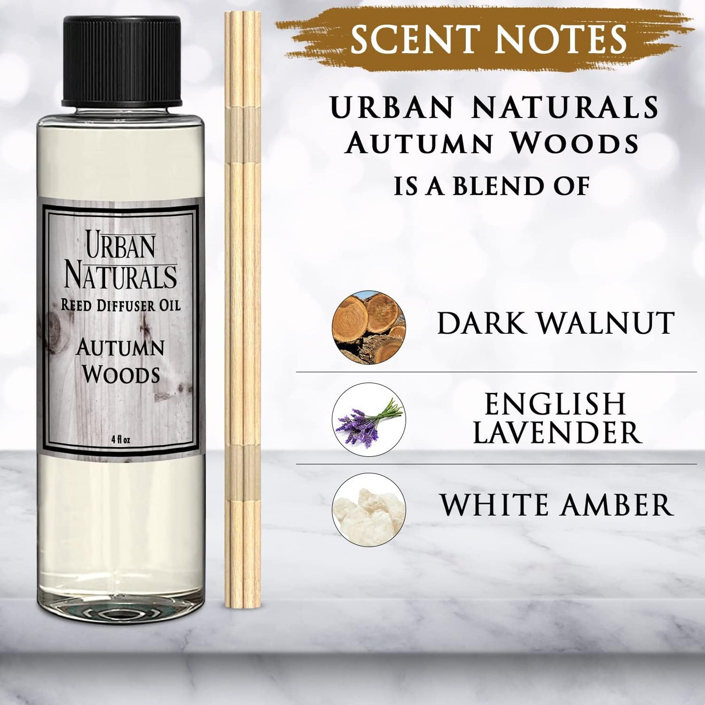 Urban Naturals Reed Diffuser Oil Refill Autumn Woods, Fall Leaves, Cedarwood, Apple Bark, 4 oz + Free Reed Sticks, Made in The USA