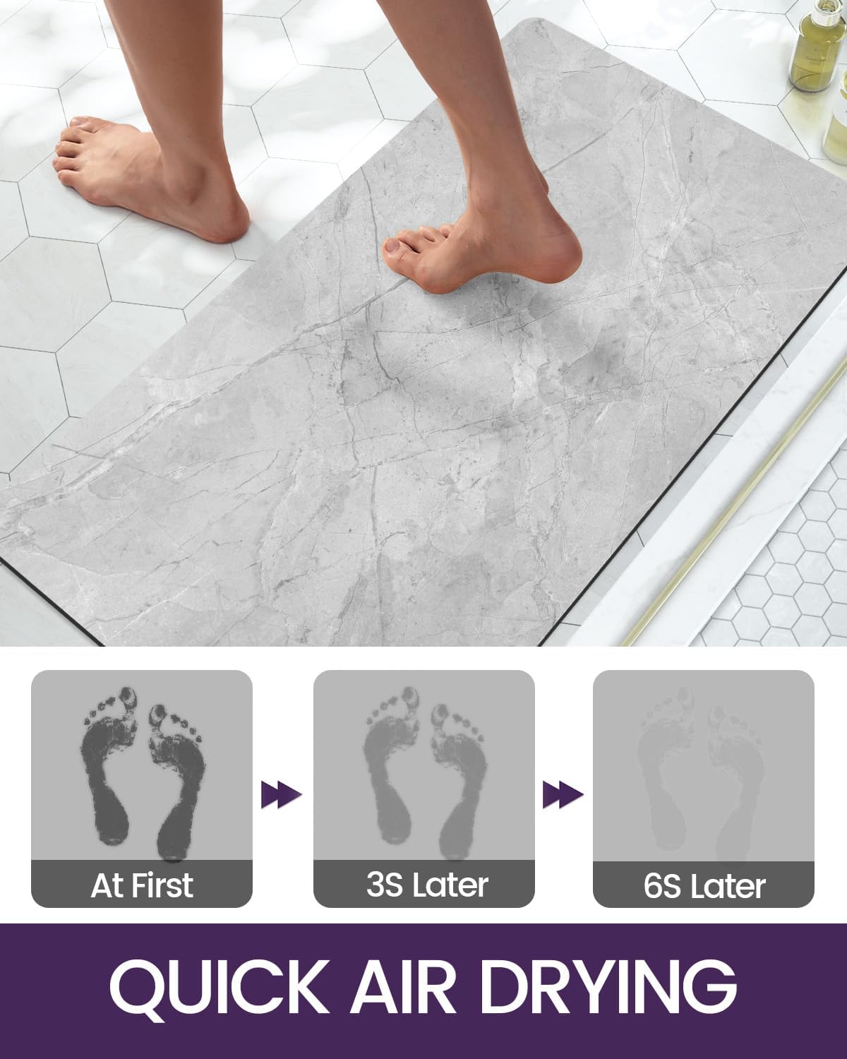 DEXI Bath Mat 16x24, Non Slip Quick Dry Rugs, Super Absorbent Ultra Thin Marble Bathmat, Washable Rubber Mats for Shower Floor, in Front of Bathtub, Sink, Bathroom Accessories Decor, Light Grey