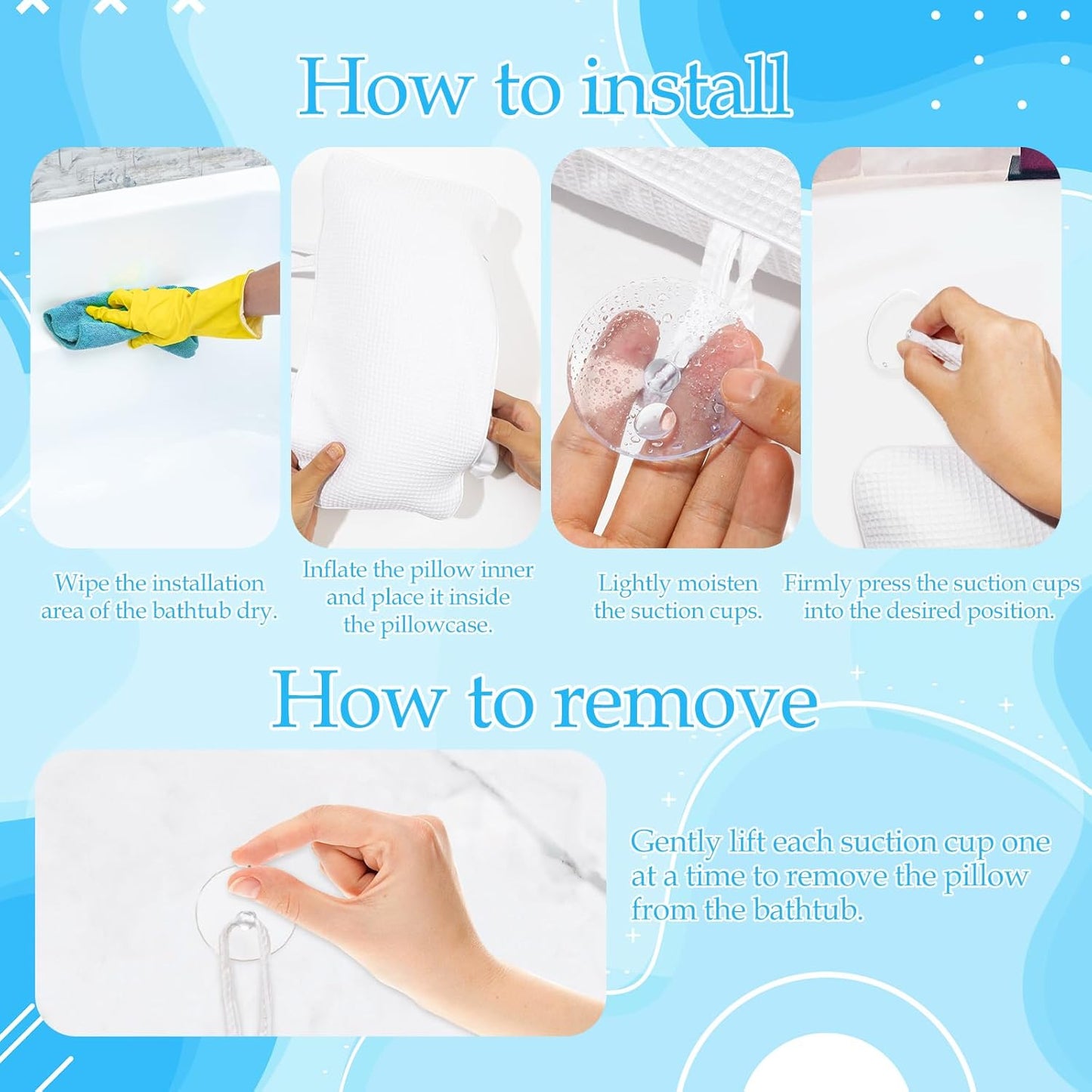 EORTA Inflatable Bathtub Pillow Anti-Slip Aerated Bath Pillow with Suction Cup Spa Bath Cushion for Head Neck Rest Relax, Home, Bathroom, White, 13.8"X7.8"