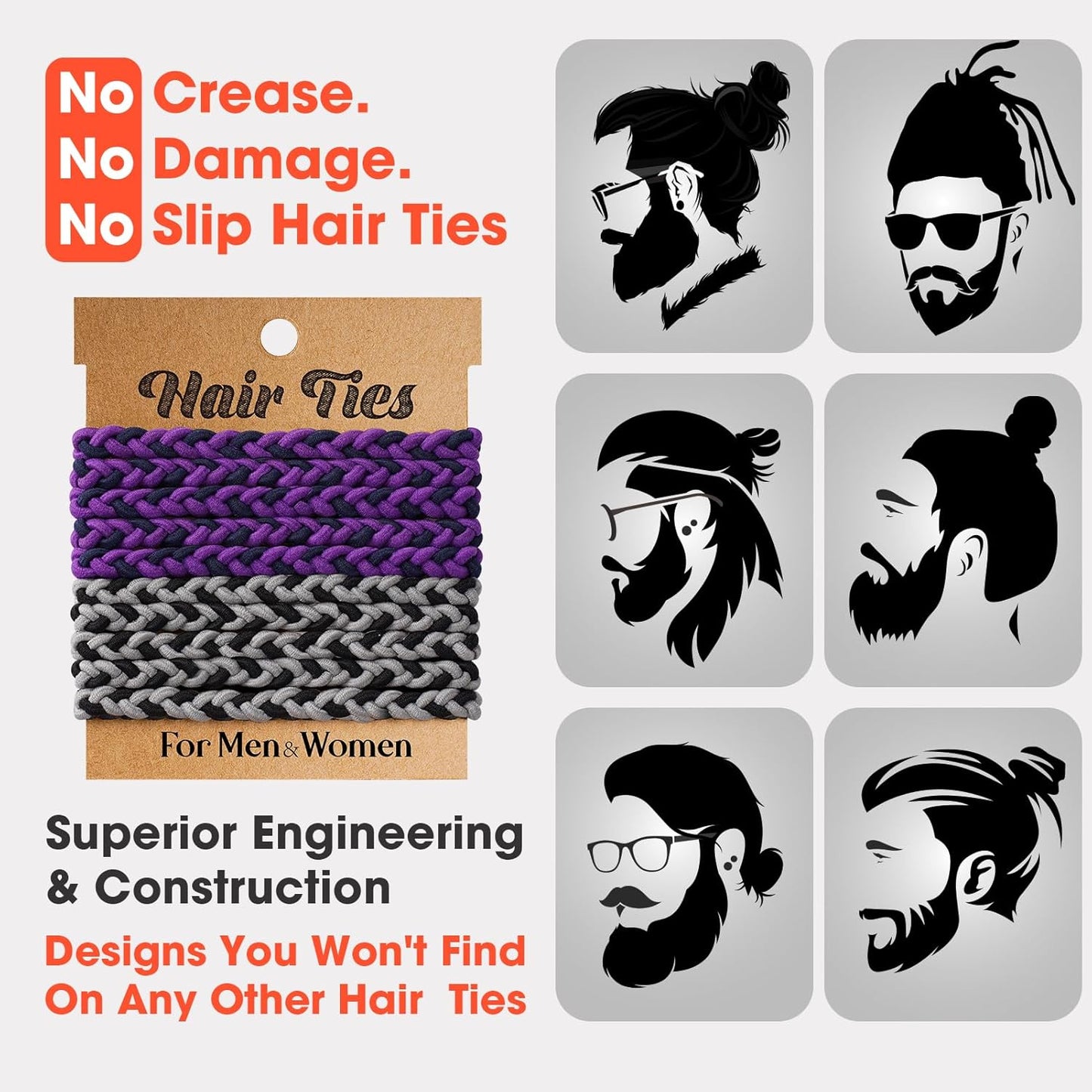 EasYoung 10pcs Braided Men's Hair Ties for Buns, Curly, Thick Dense Hair - Elastic Coils for Men & Women, No Crease