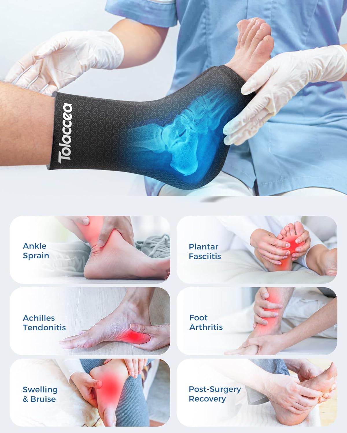 Tolaccea Ankle Ice Pack Wrap PRO for Injuries, Foot Ice Pack for Hot and Cold Therapy, Flexible Cold Pack for Plantar Fasciitis,Swelling,Sprained, ColdFocus for More Cooling X-Large (Pack of 1)