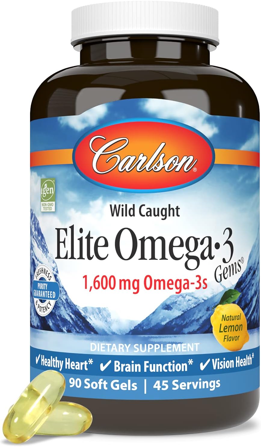 Carlson Labs Wild Caught Elite Omega-3, 1600mg, Omega 3s, Soft Gels, 90 Count