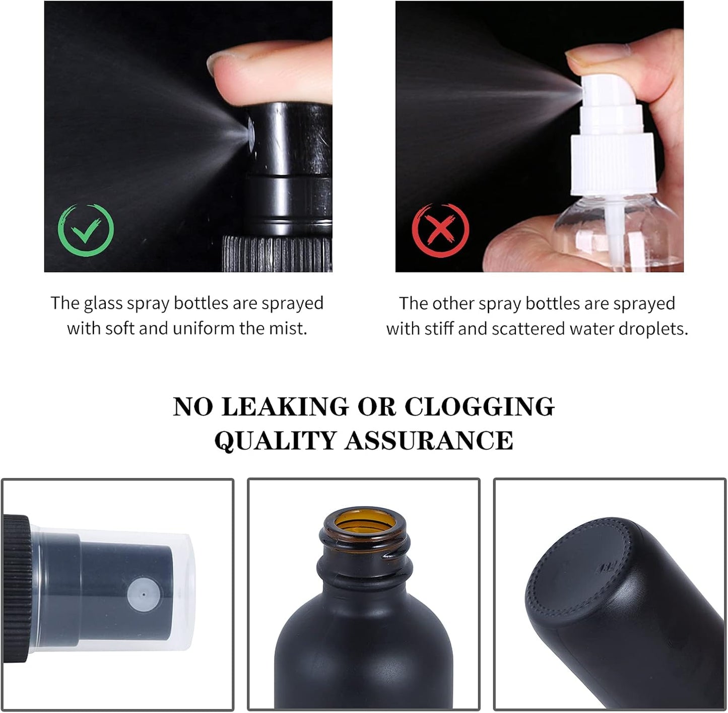 2oz Glass Spray Bottle, Fine Mist Boston Glass Bottles with Black Fine Mist Sprayer Small Clear Bottles for Essential Oils, Bath, Beauty, Hair & Cleaning, Black, Pack of 24