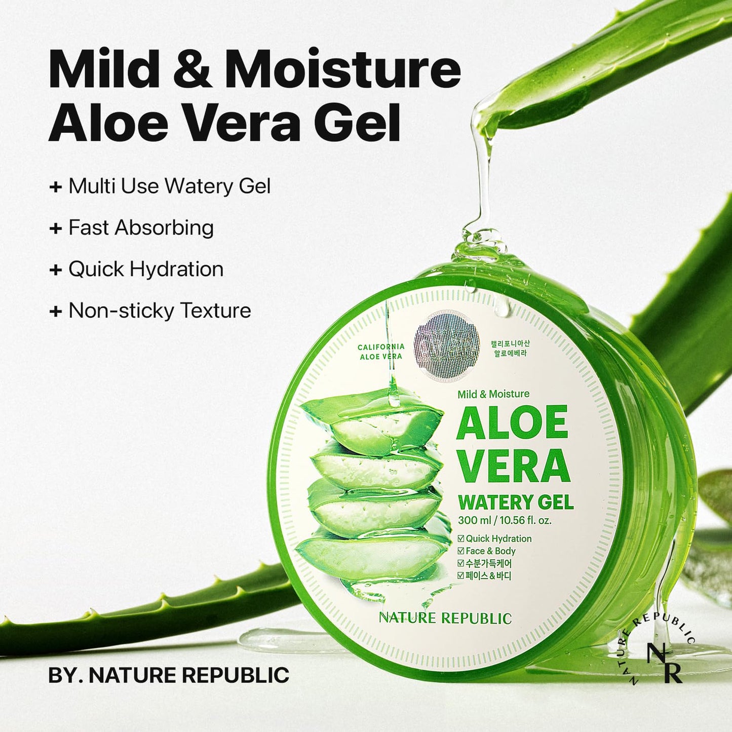 Nature Republic MILD & MOISTURE ALOE VERA WATERY GEL (2 PCS) Quick Hydration & fast absorbing non-sticky texture, Aftersun & Aftershave, Moisturizing Face Skin & Hair,korean skin care All Skin Types