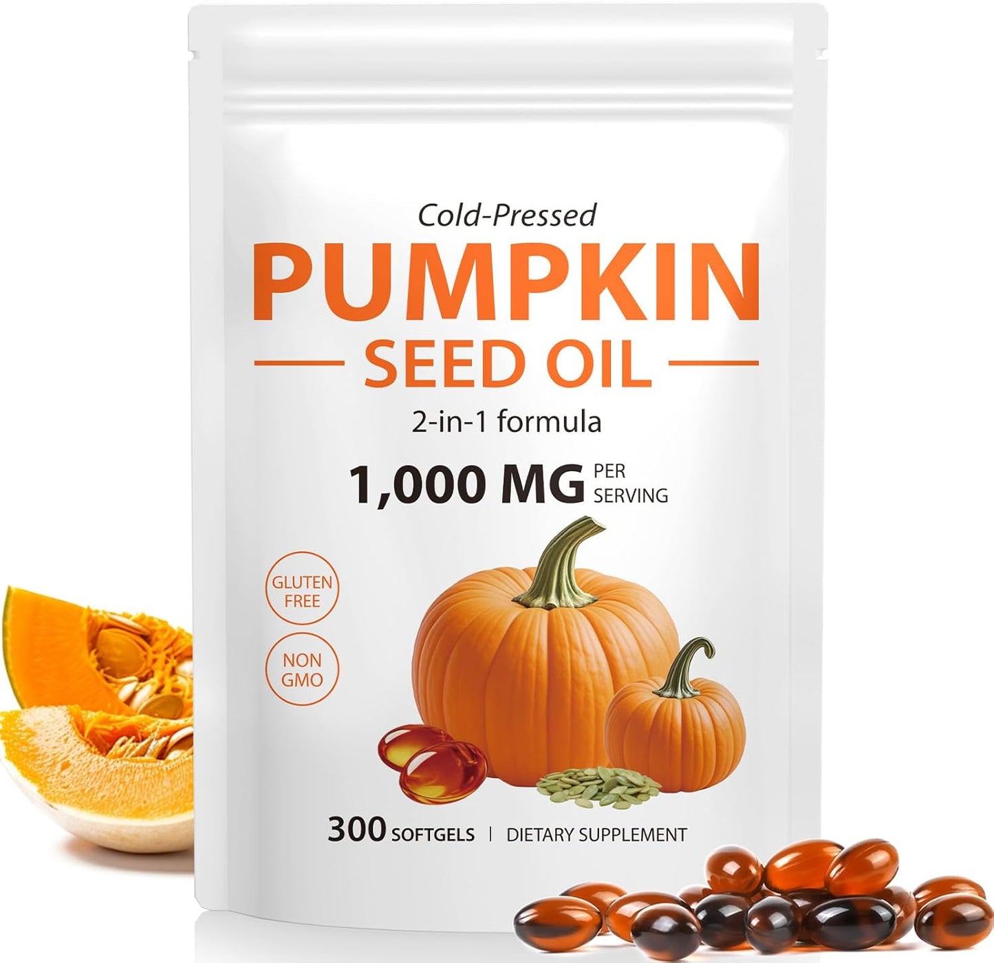 Pumpkin Seed Oil Capsules, 1000mg Per Serving, Cold-Pressed Extract, Essential Fatty Acids & Phytosterols, Non-GMO, Supports Hair Growth & Bladder & Prostate Health, 300 Softgels