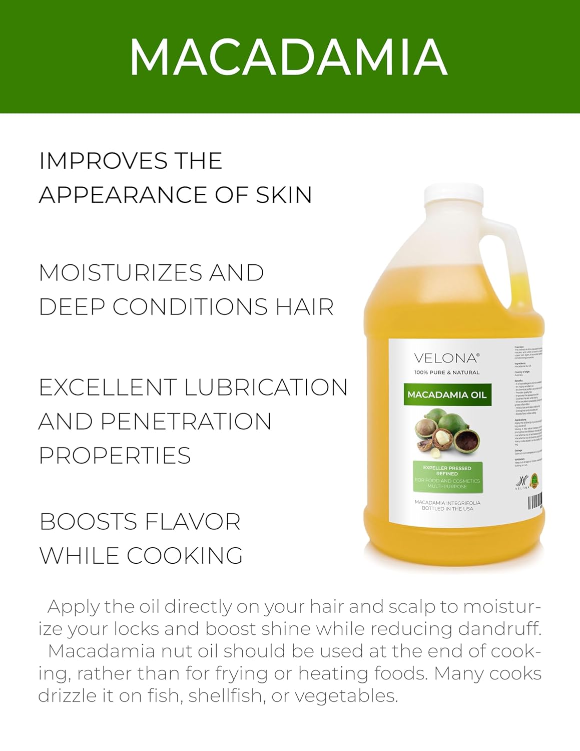 velona Macadamia Nut Oil 64 Fl Oz | 100% Pure and Natural Carrier Oil | Refined, Cold pressed | Cooking, Skin, Hair, Body & Face Moisturizing | Use Today - Enjoy Results