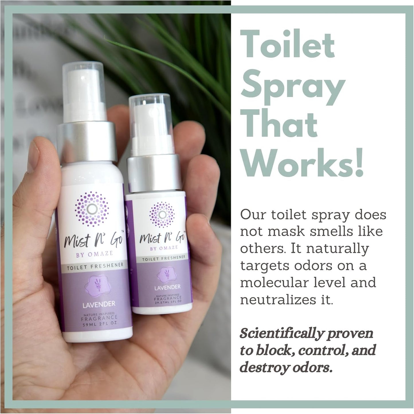 Mist N’ Go by Omaze Travel Bathroom Spray for Toilet Spray Odor Eliminator - Travel Toilet Spray for Bathroom Air Freshener Spray for Bathroom Deodorizer - Lavender Regular Size (2oz x5)