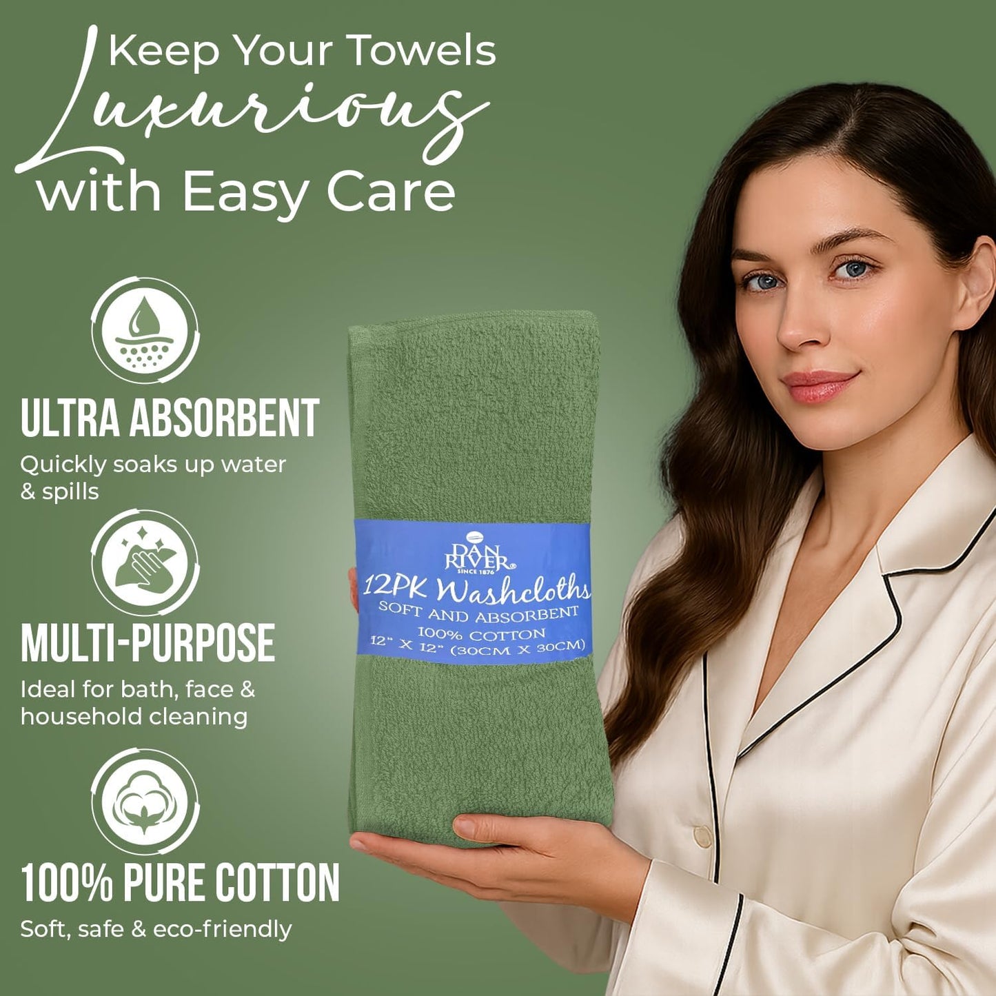 DAN RIVER 100% Cotton Wash Cloths 12 Pack [12x12] Soft & Absorbent Soft face Towels, Gym, Hotels & Spa Perfect for Everyday Use Fingertip Towels, Sage Green