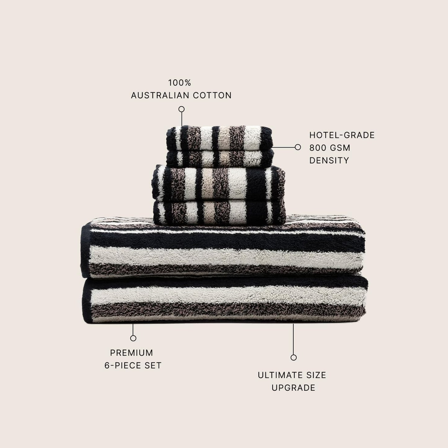 Italic Ultraplush Luxe 6 Piece Towel Set – 2 Bath Sheets, 2 Hand Towels, 2 Washcloths – 800GSM Soft, Highly Absorbent & Quick Drying, Resort Grade 100% Australian Cotton Towels (Stripe Multi-Color)