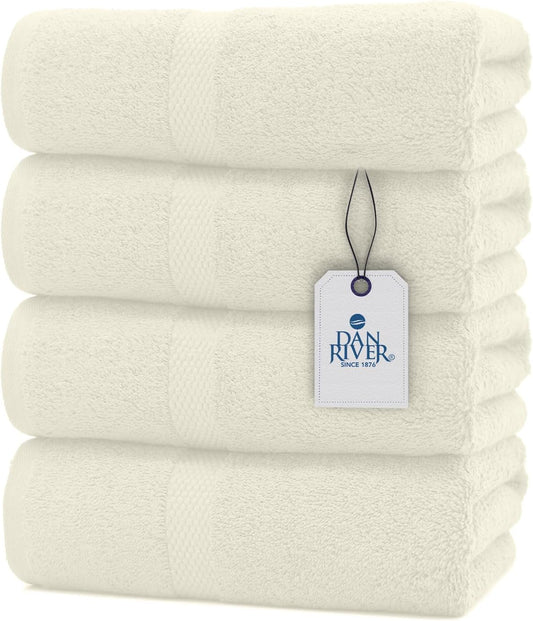 DAN RIVER Bath Towels Set of 4, 27 x 54 Inches, 100% Cotton, Larger & Lighter Weight, Quicker to Dry, Super Soft and Absorbent, Ideal Quick Dry Bath Towels for Daily Use, Ivory