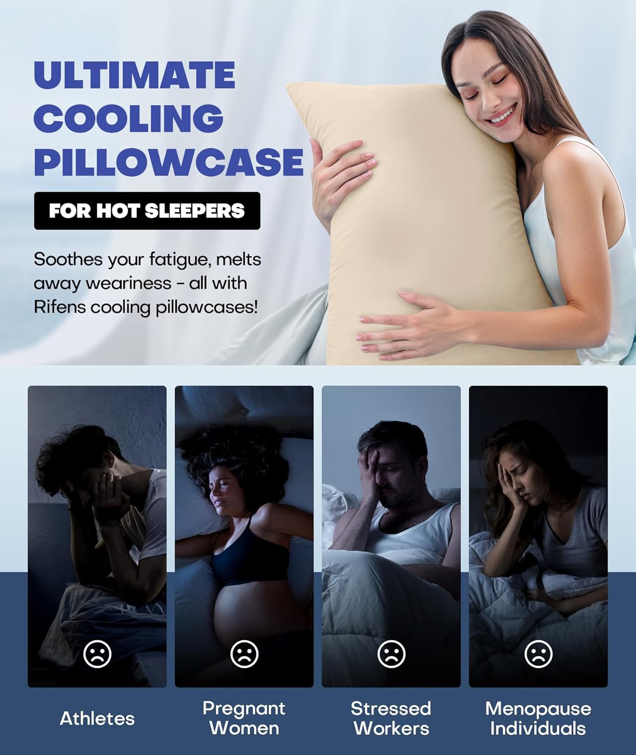 Ice Cooling Pillowcase for Hot Sleepers, Instantly Cool, Stays Cold All Night, Softer Than Silk Pillow Cases, Pillow Covers with Invisible Zipper, Gift for Men & Women - Queen Size, Beige (1 Pack)