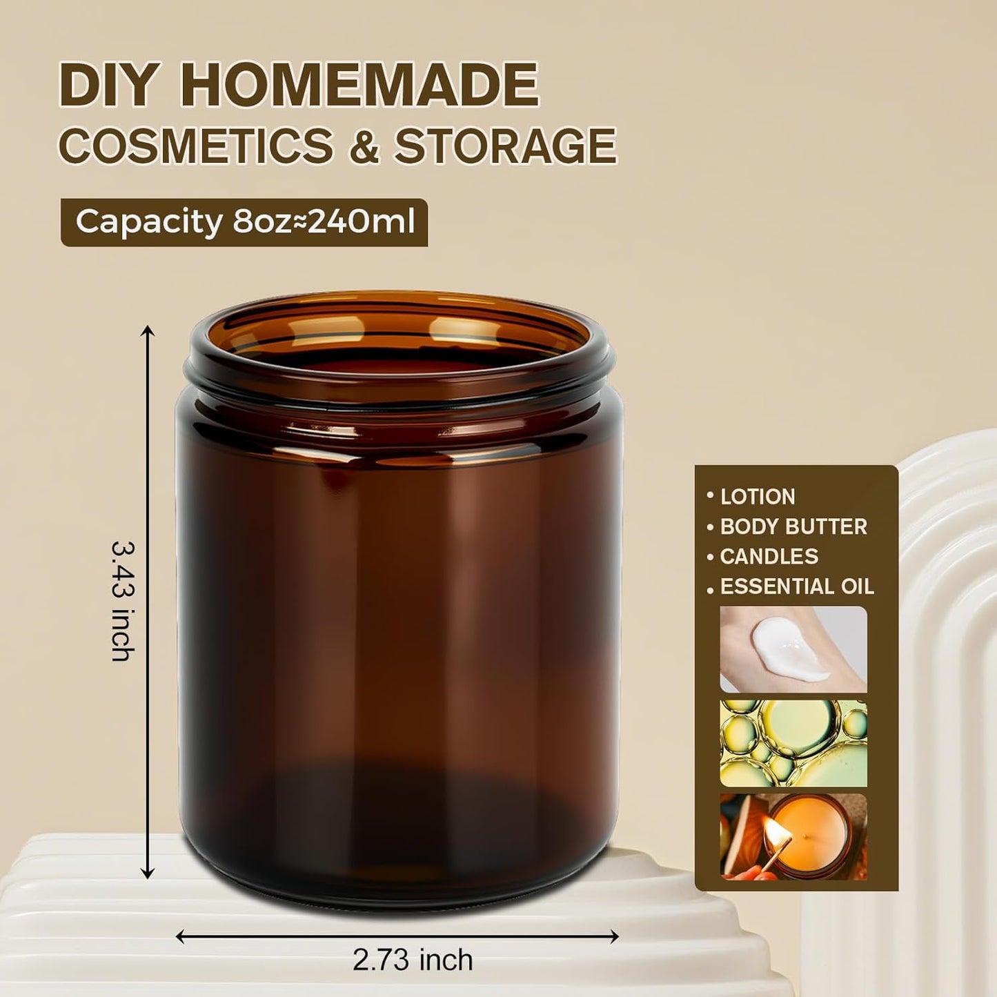 Hoa Kinh 8oz Amber Glass Jars with Lids - 2Pack Empty Airtight Storage Containers for Candle Making, Cosmetic, Spices, Crafts, Food - Refillable, UV Protection, Black Plastic Lid