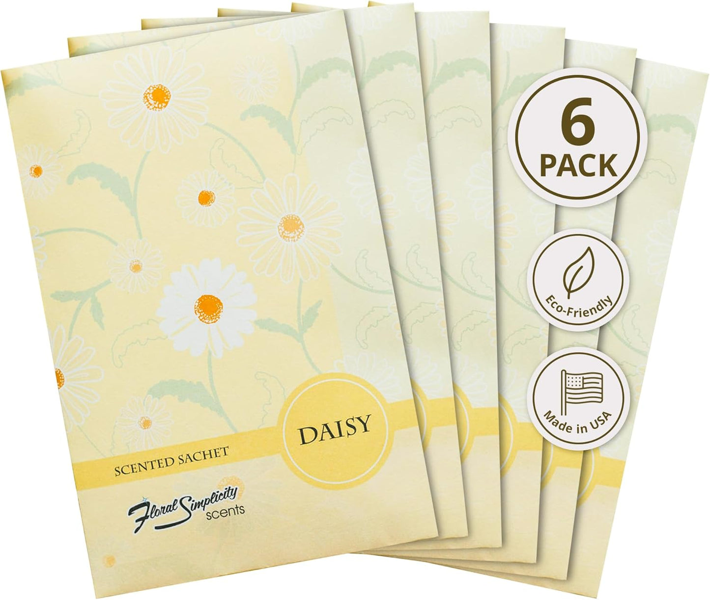Daisy Scented Sachets Pack of 6, Spring and Summer - Long-Lasting Scented Bags, Home Fragrance, Air Freshener & Deodorizer for Closet, Room, Drawer, or Cars, Made in USA