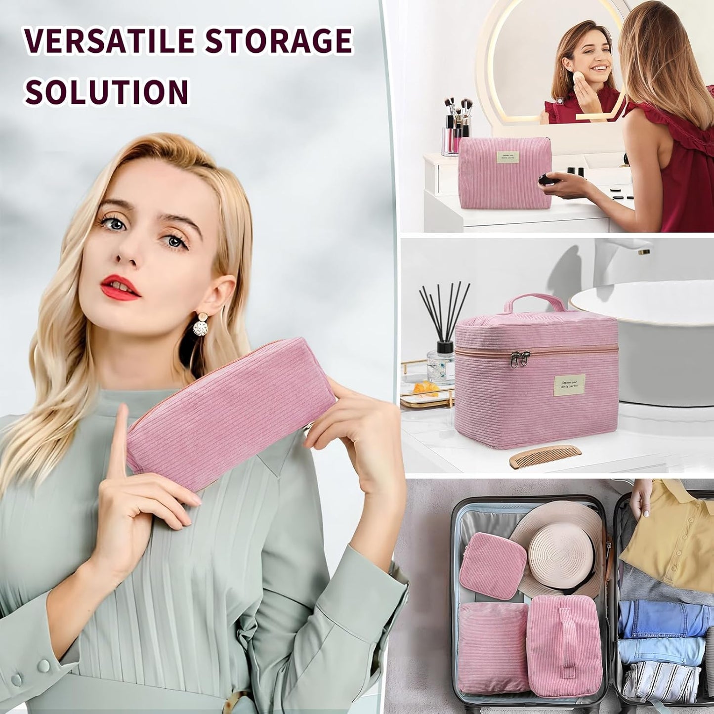 4 Pcs Makeup Bag for Women Corduroy Cosmetic Bag Aesthetic Cute Bags Multi Size Purse Pouch Travel Toiletry Bag Set Makeup Organizer with Zipper (PinkCorduroy)