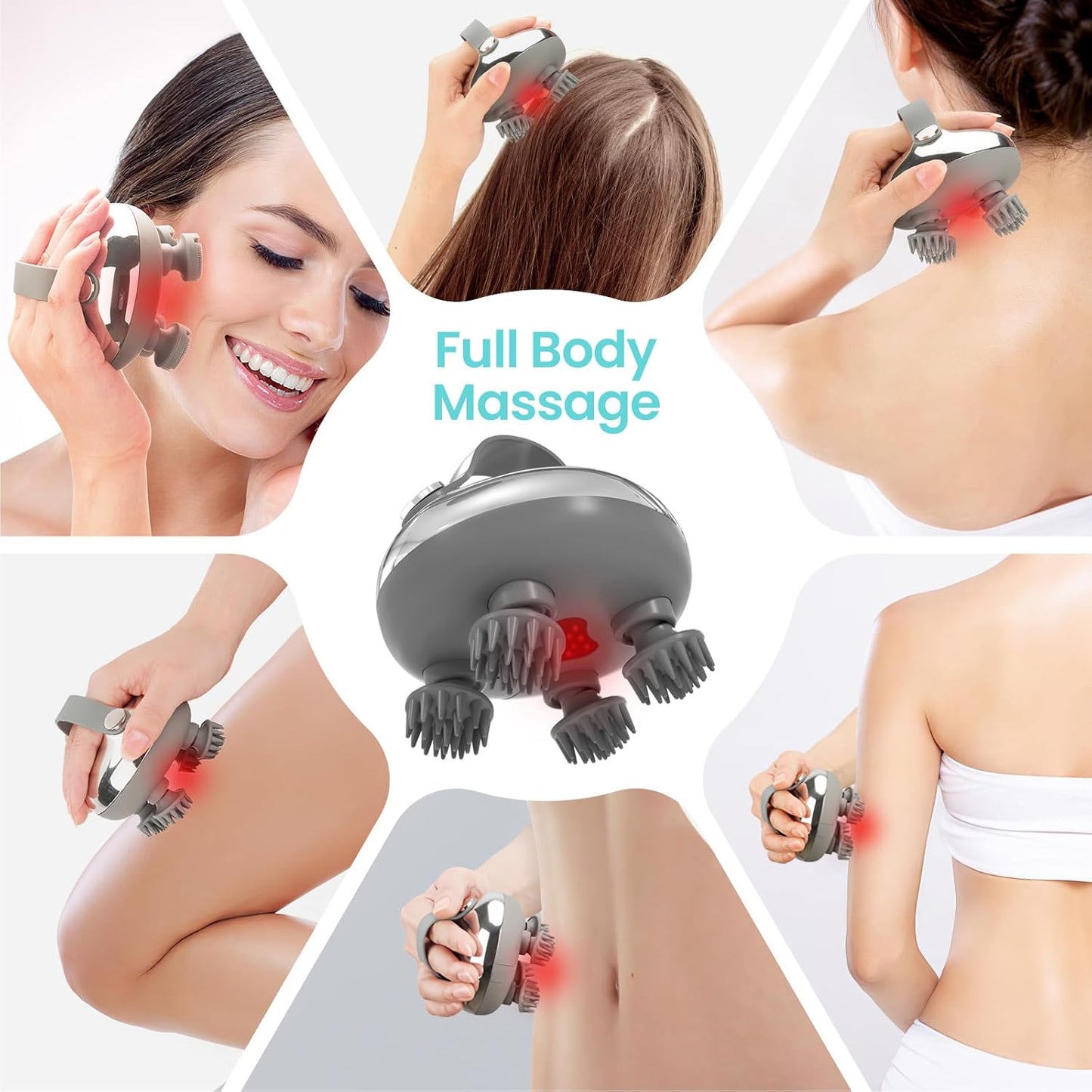 Portable Electric Scalp Massager - Rechargeable IPX7 Waterproof Heated Scalp Massager w/ 100 Kneading Nodes, 3 Speed Modes, 2 Massage Styles, 8 Claws for Scalp/Body Massage & Face Cleaning (Silver）