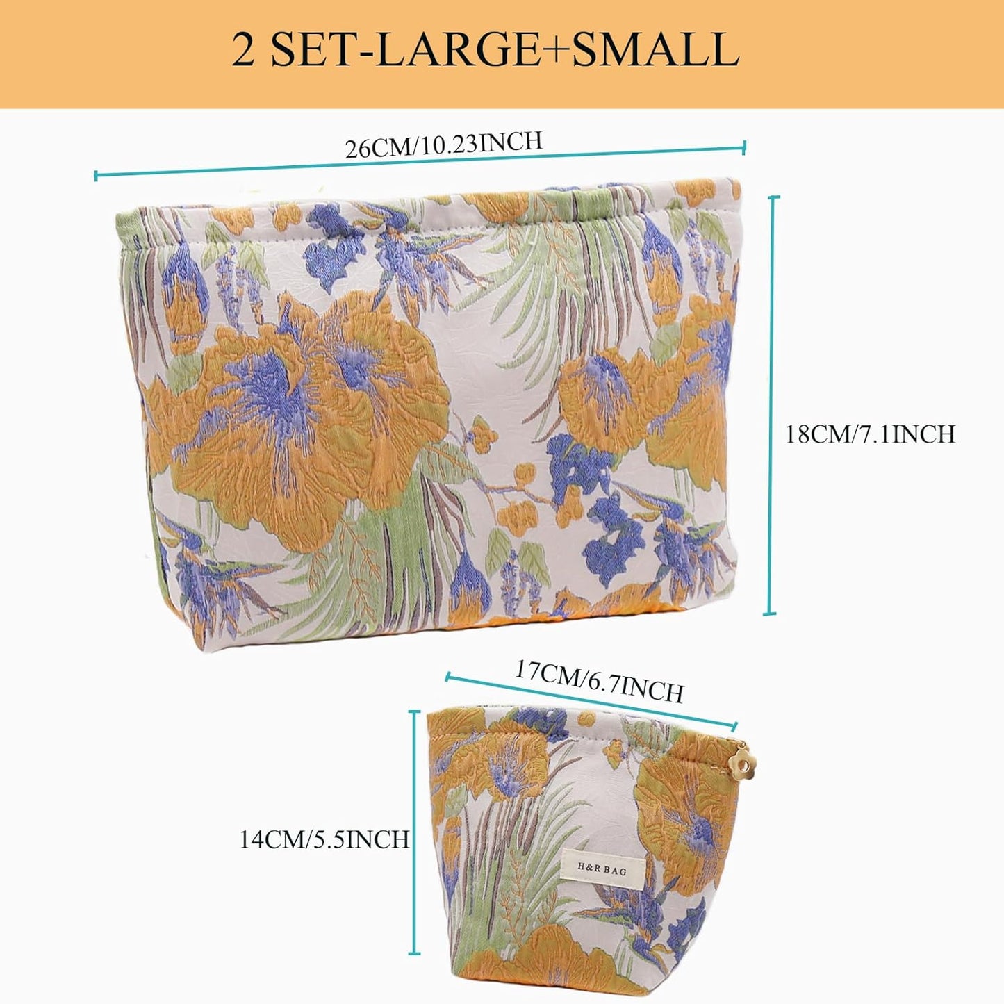 2 Pcs Makeup Bags, Large Cosmetic Bag Travel Toiletry Bag Organizer for Women, Embroidery Craft, Floral Makeup Bag Small Cosmetic Pouch Purse with Zipper Gifts for Girls Teen