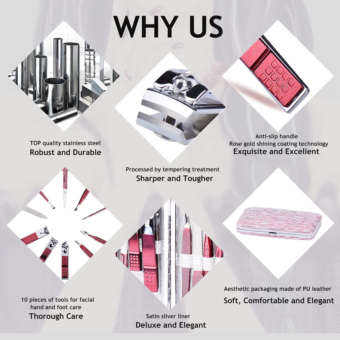 Manicure Set 10 in 1 Stainless Steel, Nail Clippers Scissors Pedicure Tools Kit - Portable Travel Grooming Kit for Men and Women with Leather Case (Rose Red)