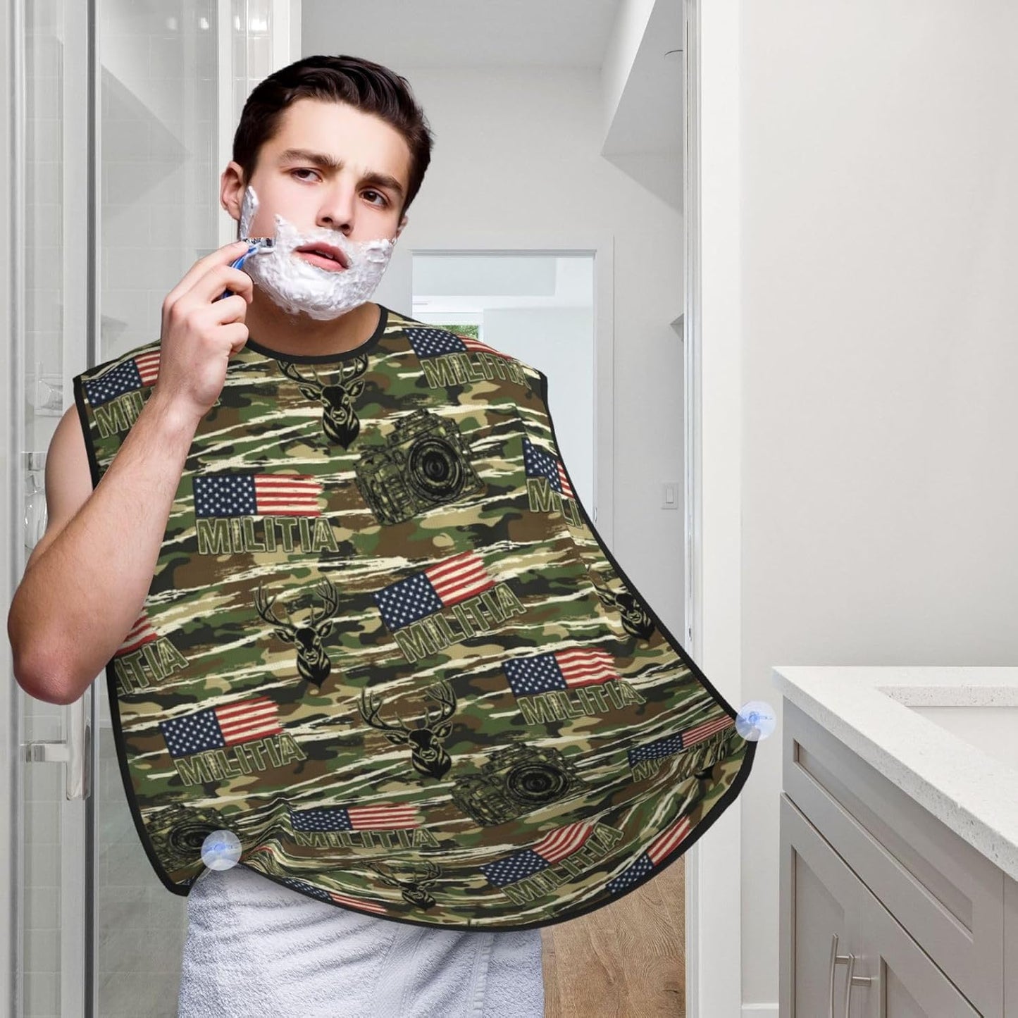 Stretchable Beard Cape, Non-Stick Hair Catcher for Trimming, Waterproof Grooming Apron, Deer Camo Camouflage American Flag Hunting Black