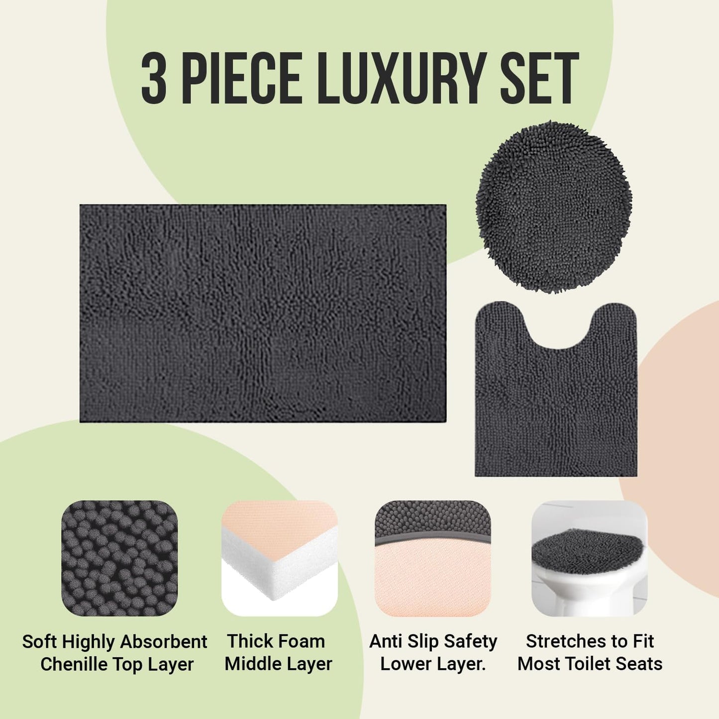 ITSOFT 3pc Non-Slip Shaggy Chenille Bathroom Mat Set, Includes 24 x 21 Inches U-Shaped Contour Toilet Rug, 34 x 21 Inches Bathmat and 1 Toilet Lid Cover, White