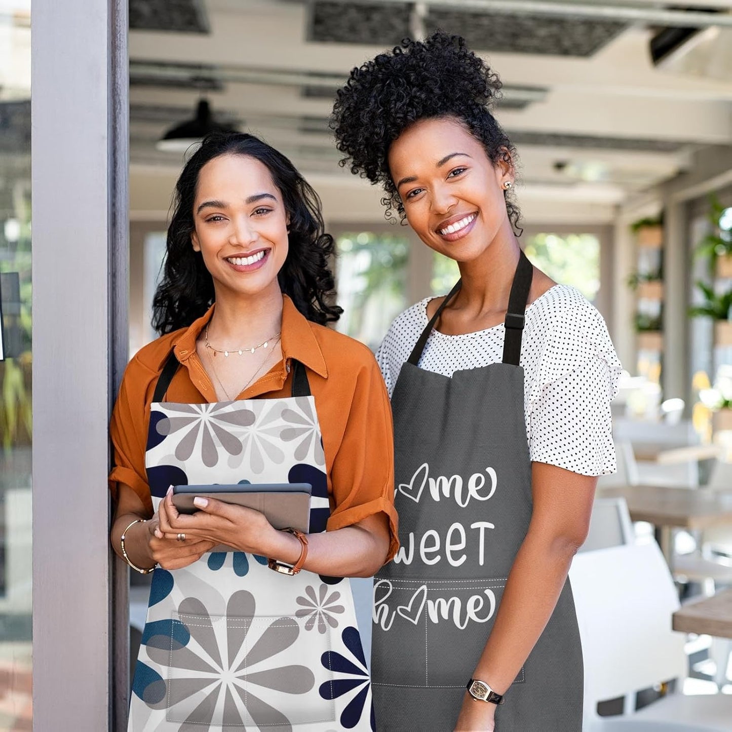 2 Pack Aprons, Home Sweet Blue Grey Adjustable Bib Aprons with 2 Pockets for Women Men Couple Lovers Chef Kitchen Cooking Baking Gardening Geometric Flowers Daisy Apron 32x28 Inches