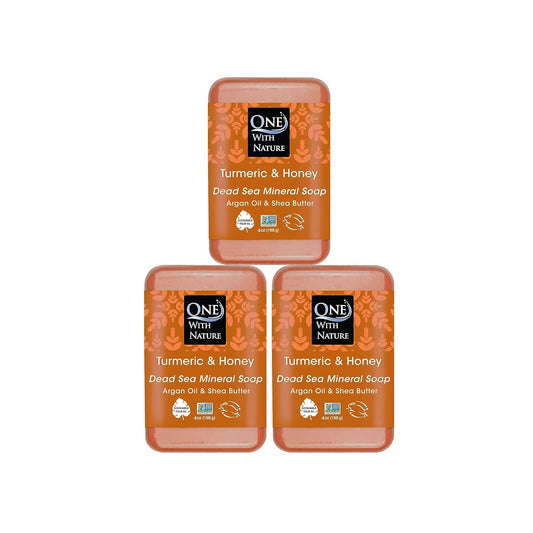 One With Nature Dead Sea Salt Turmeric Soap 4oz 3-Pack – Purifying and Exfoliating Soap Bar with Dead Sea Minerals and Turmeric for Face & Body, for Men & Women