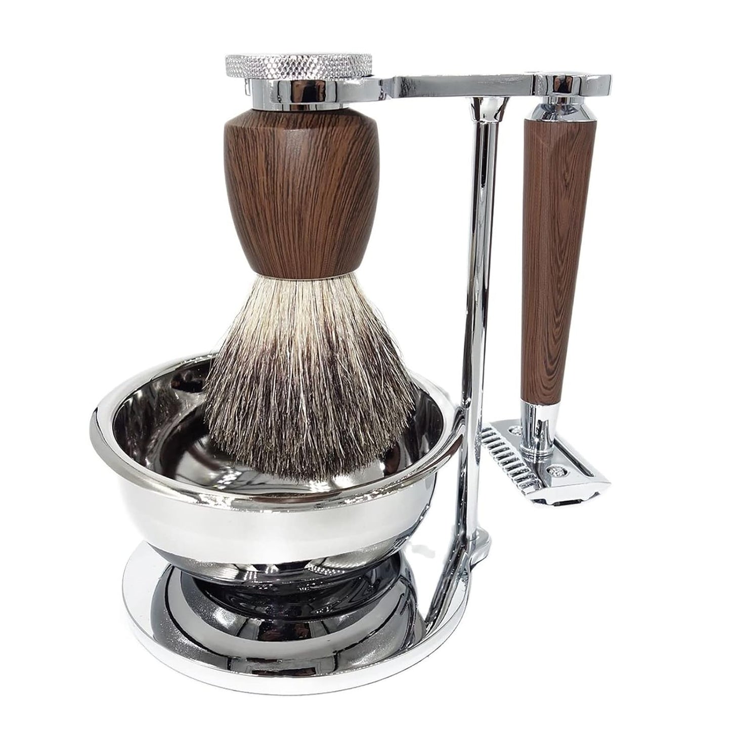 Professional Shaving Set for Men,Include Wet Shave Beard Safety Razor,10 Razor Blades,Rosewood Grain Handle Badger Hair Salon Shave Brush and Bowl Stand -Unique Gift for Father's Day