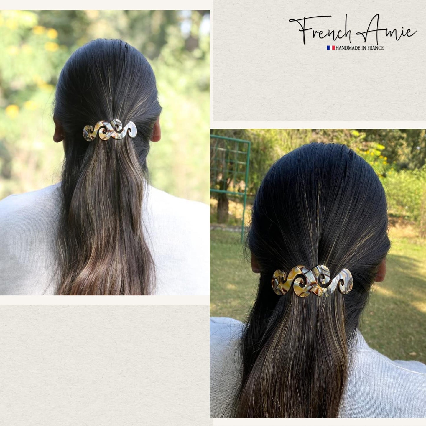 French Amie Swirls Onyx Silver Grey 3” Celluloid Handmade Hair Clip Barrette with Silver Clasp for Women and Girls, Made in France