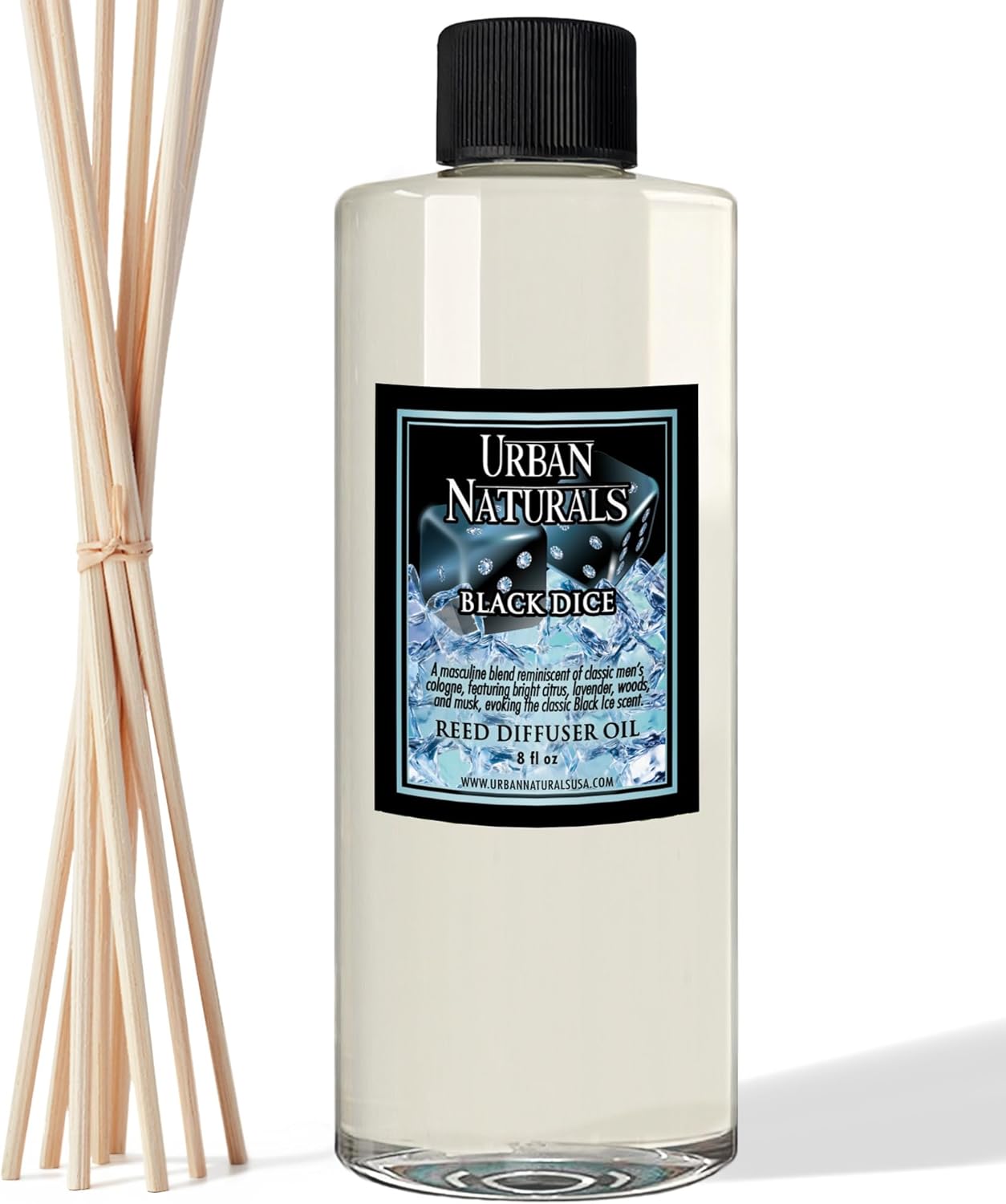 Urban Naturals Reed Diffuser Oil Refill Black Dice with Lemon, Lavender, Crisp Woods, Moss 8 oz + Free Reed Sticks, Made in The USA