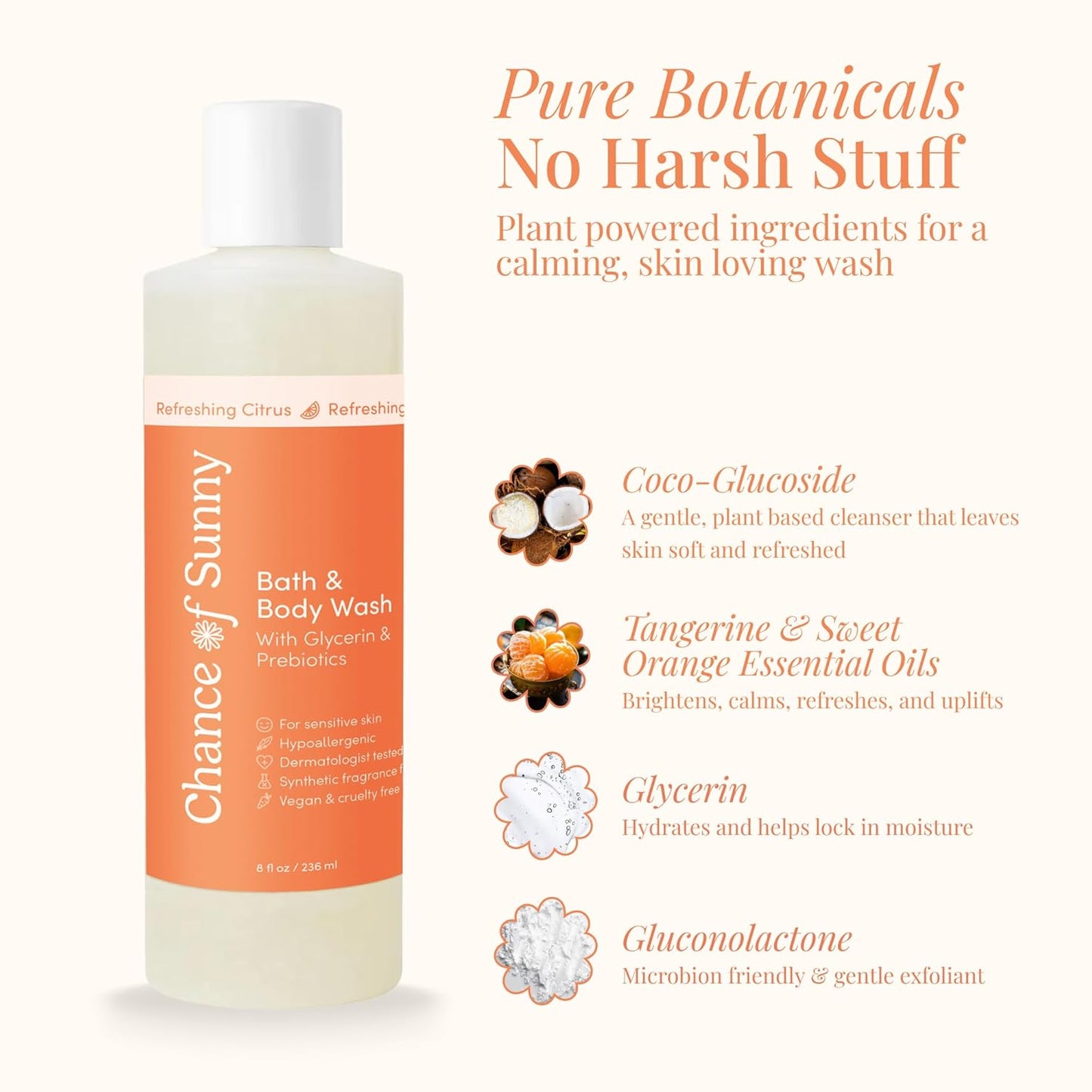 Refreshing Citrus Bath & Body Wash, 8 oz – Hypoallergenic, Vegan with Glycerin & Prebiotics Gentle, pH-Balanced Cleanser for Dry & Delicate Skin (8 oz)