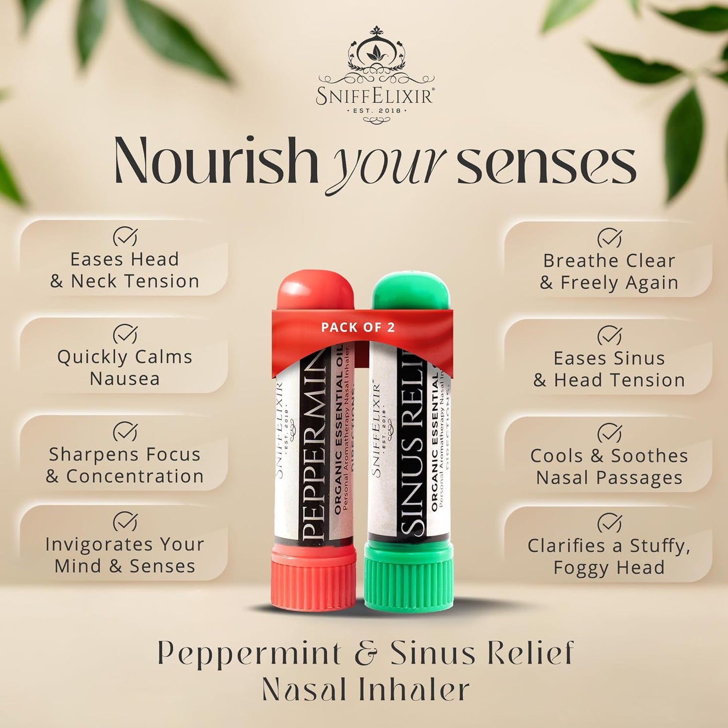 2 Pack Peppermint Inhaler Plus Sinus Nasal Inhaler – Aromatherapy Sticks for Sinus Pressure, Nausea Inhaler, Migraine Stick & Motion Sickness – Portable Essential Oil Inhalers for Adults