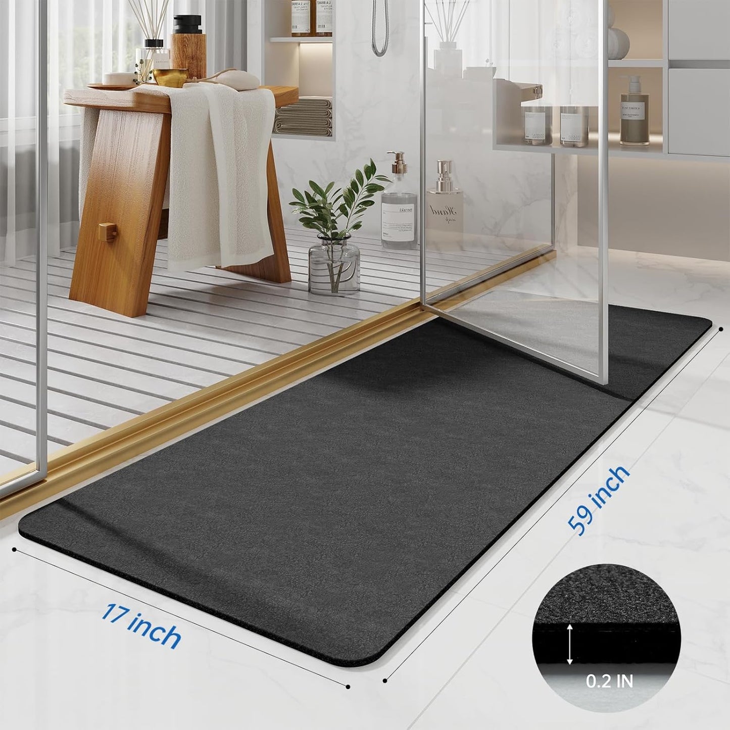 Dark Grey Long Bathroom Mat Rugs 59x17 Diatomaceous Earth Bath Mat Large Quick Dry Bath Mat Non Slip Rubber Backed Super Absorbent Shower Mat, Thin Bathroom Runner Rugs Floor Mat Fit Under Door