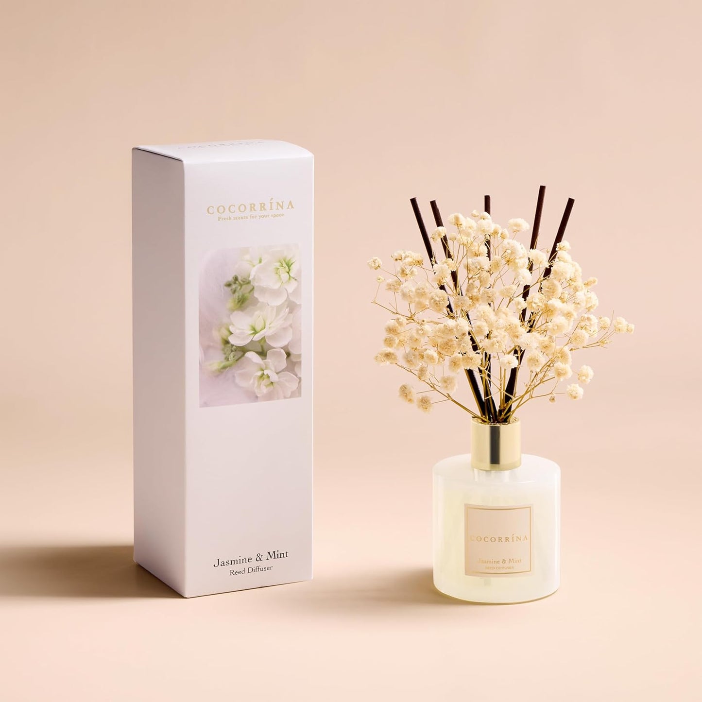 COCORRÍNA Reed Diffuser - Jasmine & Mint 6.7 Fl.oz Reed Diffuser Set with Sticks & Preserved Baby's Breath, Reed Diffuser for Home Bathroom Shelf Decor
